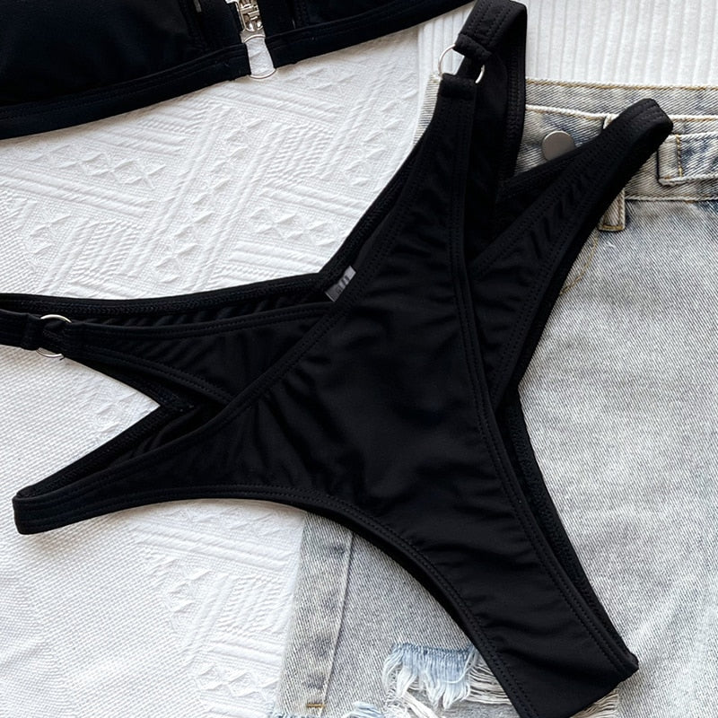 Czarny dwuczęściowy strój kąpielowy bikini z paskami Giselle