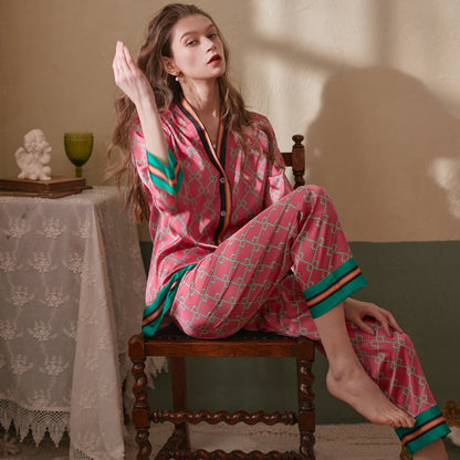 Długa różowa piżama damska w geometryczne wzory Laila - Różowy / M