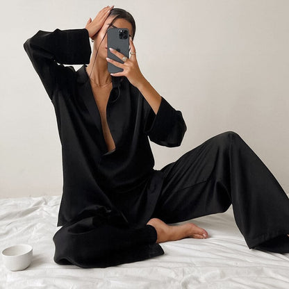 Długa satynowa piżama damska z koszulą oversize Ariyah - Czarny / Uniwersalny