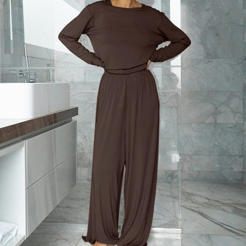 Długi brązowy komplet odzieży domowej z szerokimi nogawkami Carolyn - Ciemnobrązowy / S