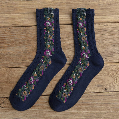 Długie skarpetki damskie z ozdobnym haftem z motywem kwiatów - Granatowy / Uniwersalny