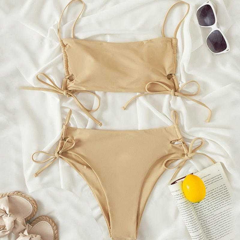 Dwuczęściowy jednolity strój kąpielowy bikini z wiązaniami po bokach Vesper - Beżowy / S