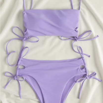 Dwuczęściowy jednolity strój kąpielowy bikini z wiązaniami po bokach Vesper - Fioletowy / S