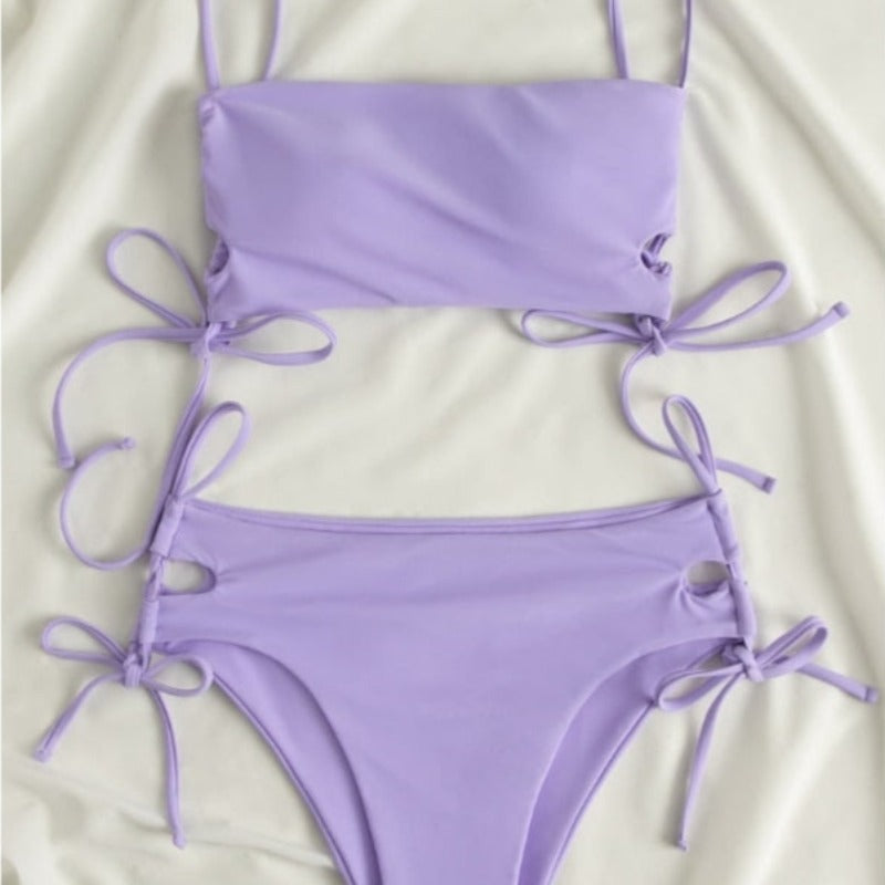 Dwuczęściowy jednolity strój kąpielowy bikini z wiązaniami po bokach - Fioletowy / S