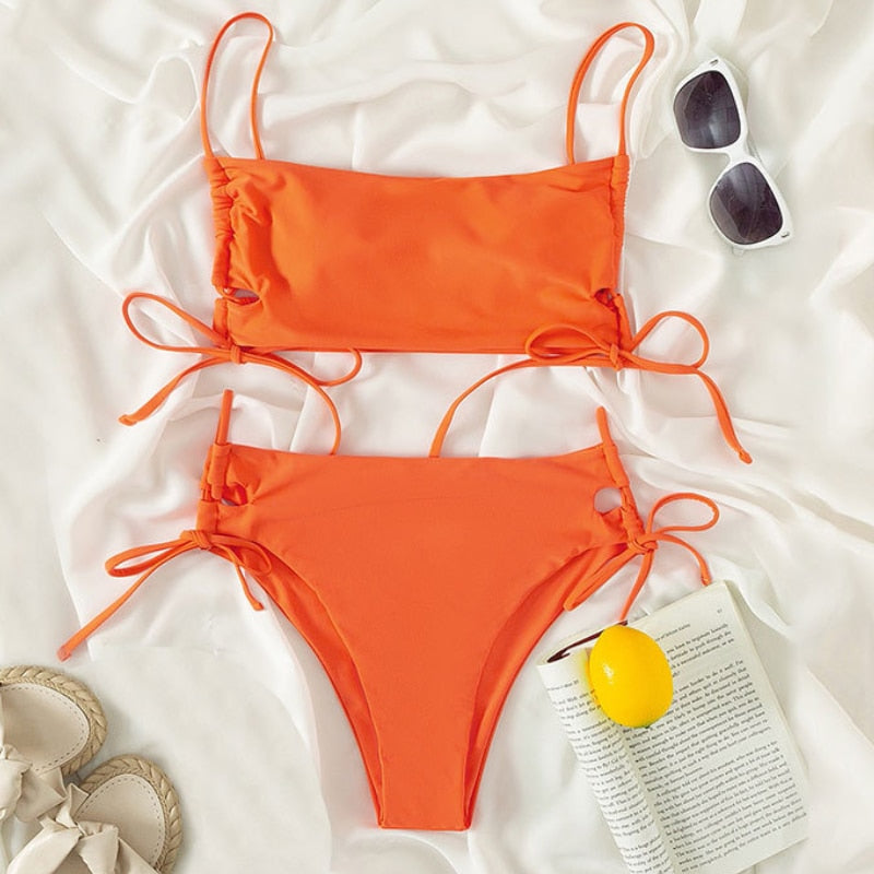 Dwuczęściowy jednolity strój kąpielowy bikini z wiązaniami po bokach Vesper - Pomarańczowy / S