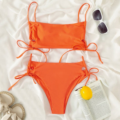 Dwuczęściowy jednolity strój kąpielowy bikini z wiązaniami po bokach - Pomarańczowy / S