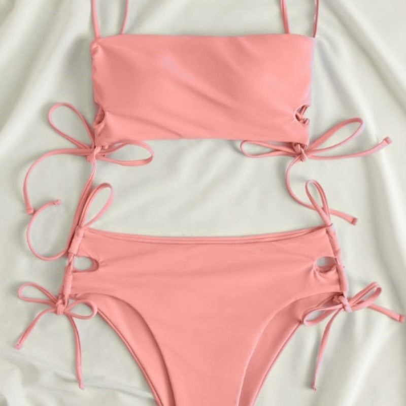 Dwuczęściowy jednolity strój kąpielowy bikini z wiązaniami po bokach - Różowy / S