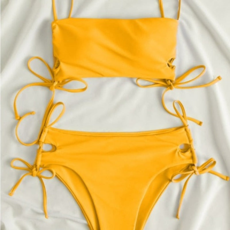 Dwuczęściowy jednolity strój kąpielowy bikini z wiązaniami po bokach Vesper - Żółty / S