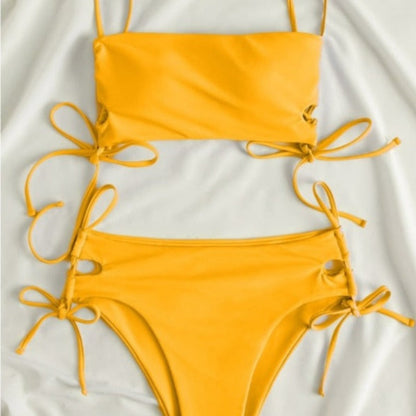 Dwuczęściowy jednolity strój kąpielowy bikini z wiązaniami po bokach - Żółty / S