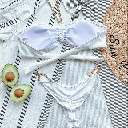 Dwuczęściowy strój kąpielowy bikini typu bandeau w jednolitym kolorze Fawn