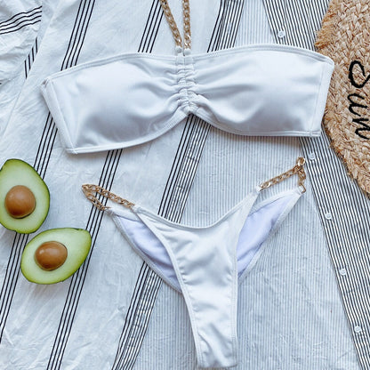 Dwuczęściowy strój kąpielowy bikini typu bandeau w jednolitym kolorze Fawn