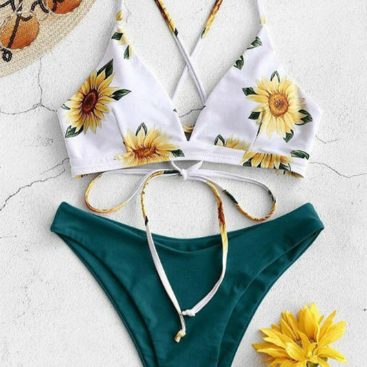 Dwuczęściowy strój kąpielowy bikini w kwiaty i gładkimi majtkami - Żółty / S
