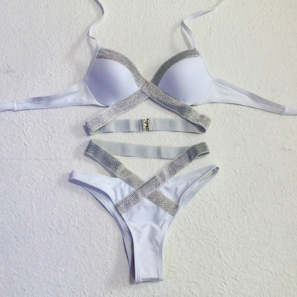 Dwuczęściowy strój kąpielowy bikini z błyszczącymi paseczkami