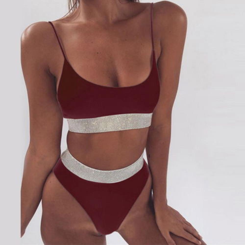 Dwuczęściowy strój kąpielowy bikini z błyszczącymi paskami Jenna - Czerwony / S