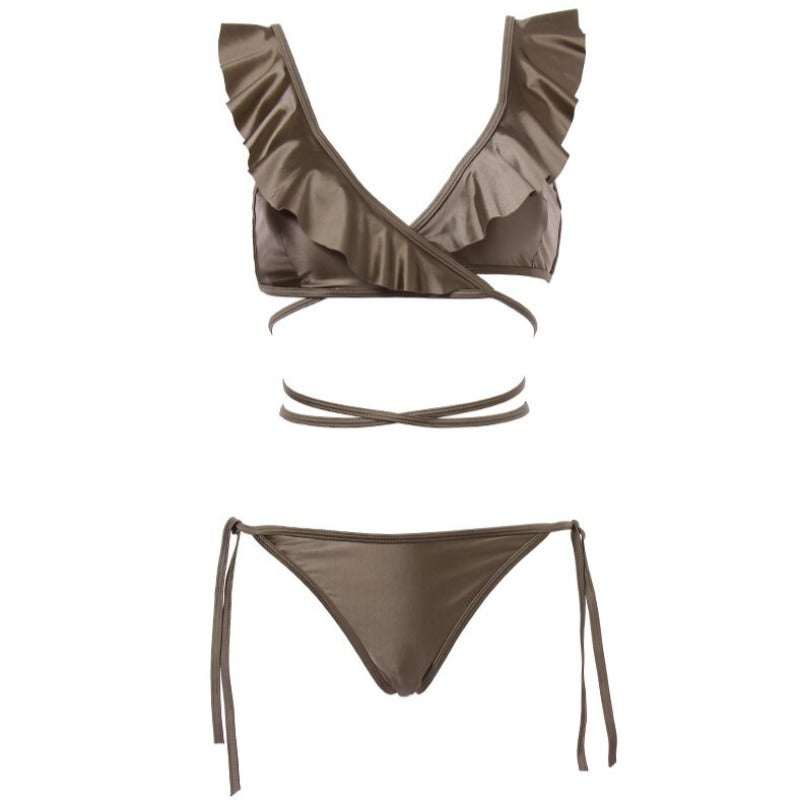 Dwuczęściowy strój kąpielowy bikini z falbankami i paskami do wiązania Geraldine - Brązowy / S