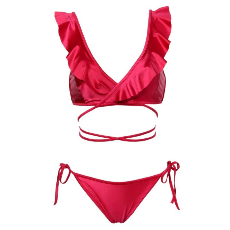 Dwuczęściowy strój kąpielowy bikini z falbankami i paskami do wiązania Geraldine - Czerwony / S