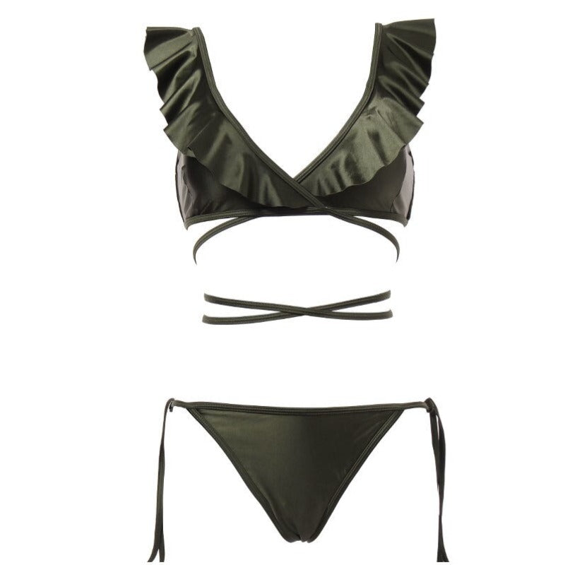 Dwuczęściowy strój kąpielowy bikini z falbankami i paskami do wiązania Geraldine - Zielony / S