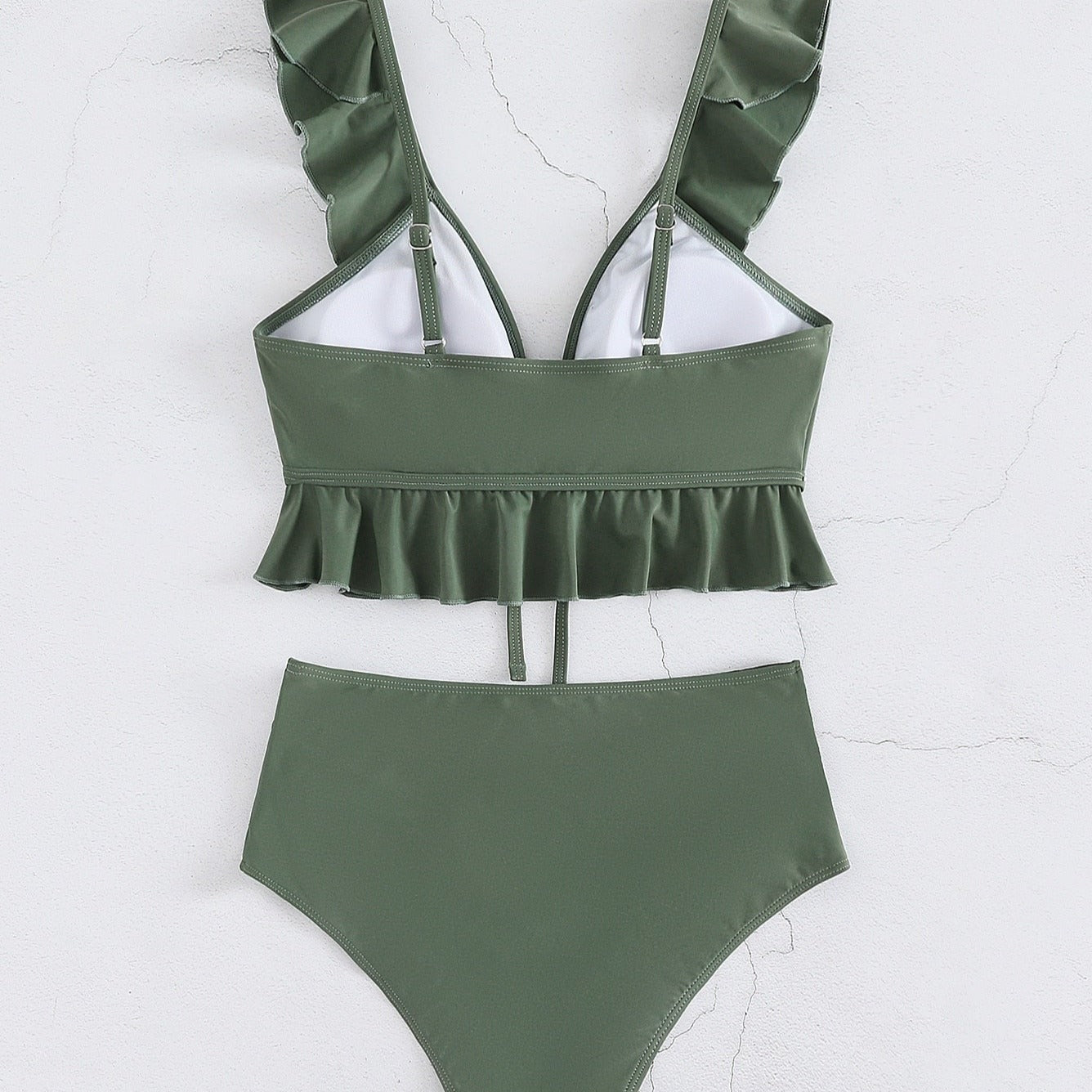 Dwuczęściowy strój kąpielowy bikini z falbankami w jednolitym kolorze Tracey