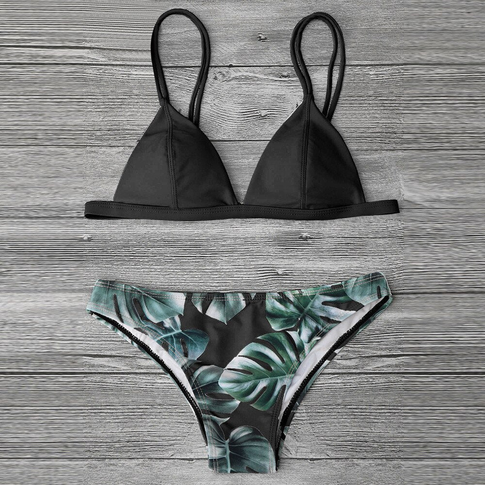 Dwuczęściowy strój kąpielowy bikini z motywem roślin Norah - Czarny / S