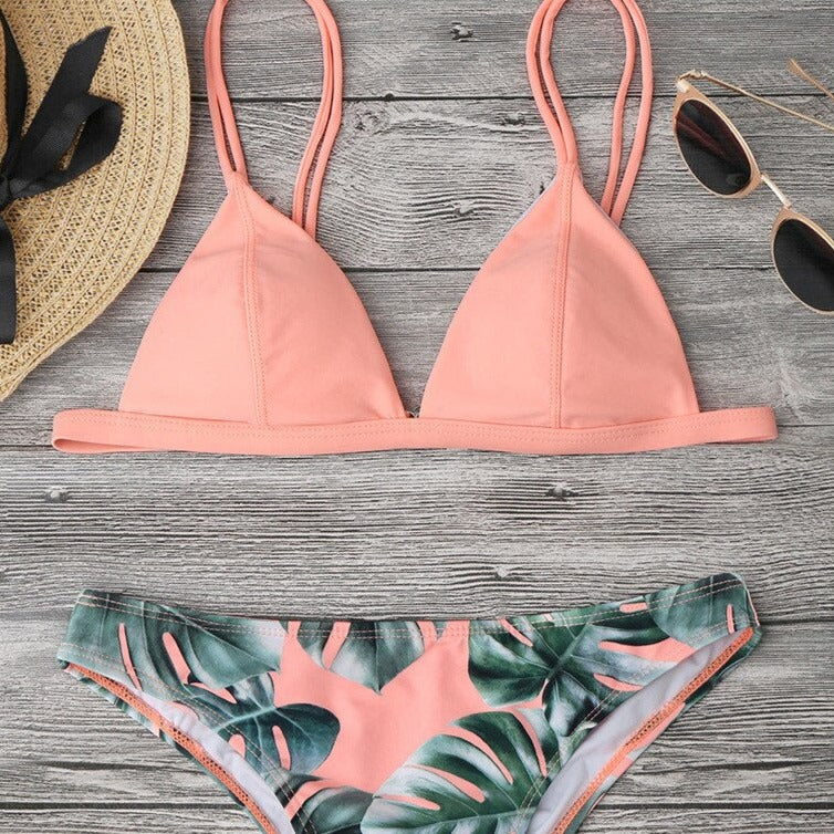 Dwuczęściowy strój kąpielowy bikini z motywem roślin Norah - Różowy / S