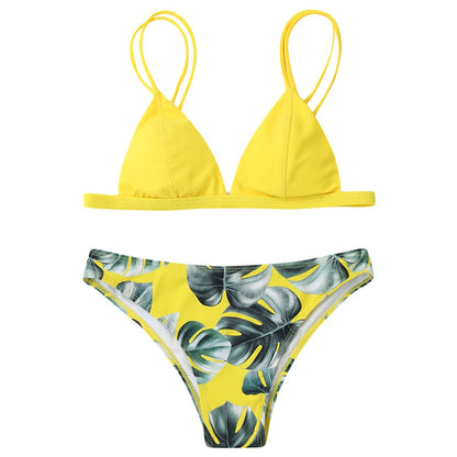 Dwuczęściowy strój kąpielowy bikini z motywem roślin - Żółty / S