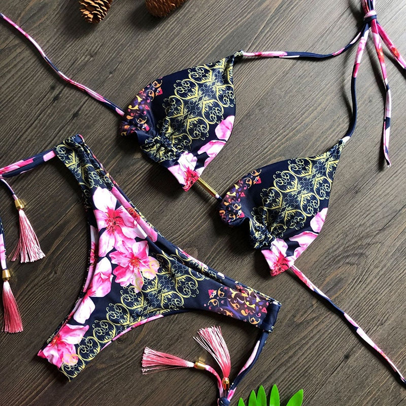 Dwuczęściowy strój kąpielowy bikini z roślinnym motywem Maude - Czarny / S