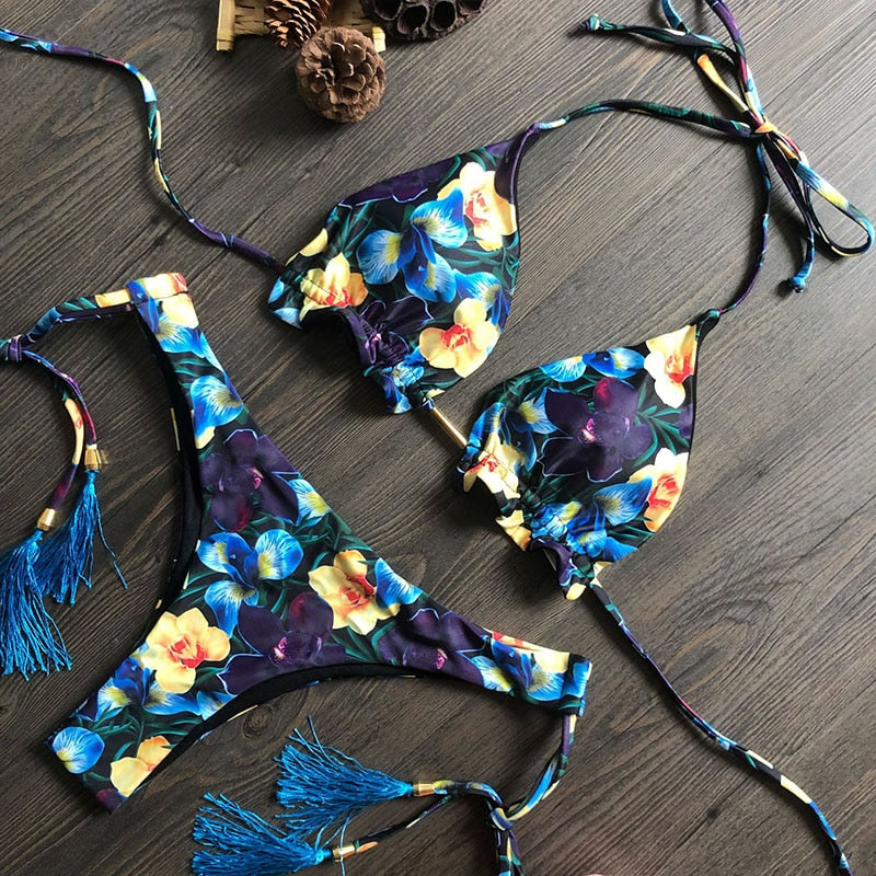 Dwuczęściowy strój kąpielowy bikini z roślinnym motywem Maude - Granatowy / S