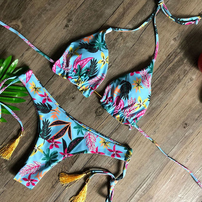 Dwuczęściowy strój kąpielowy bikini z roślinnym motywem Maude - Niebieski / S