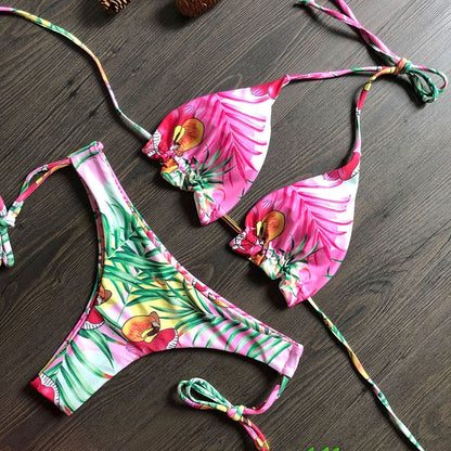 Dwuczęściowy strój kąpielowy bikini z roślinnym motywem Maude - Różowy / S