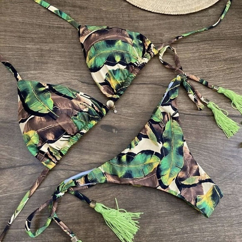 Dwuczęściowy strój kąpielowy bikini z roślinnym motywem Maude - Zielony / S