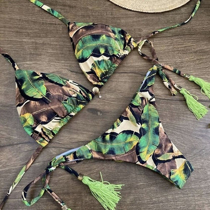 Dwuczęściowy strój kąpielowy bikini z roślinnym motywem Maude - Zielony / S