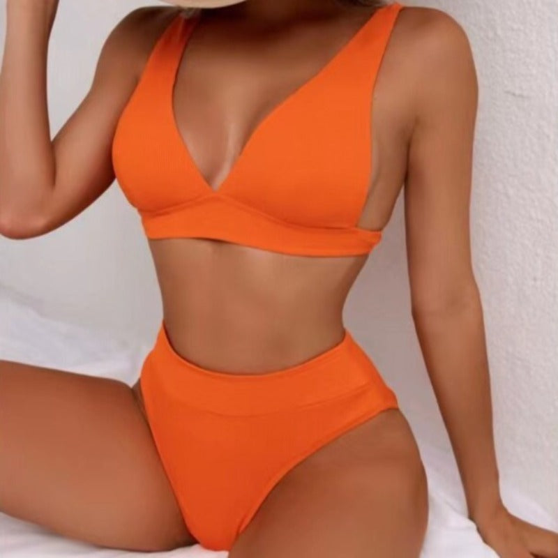 Dwuczęściowy strój kąpielowy bikini z wysokim stanem i dekoltem V Xanthe - Pomarańczowy / S