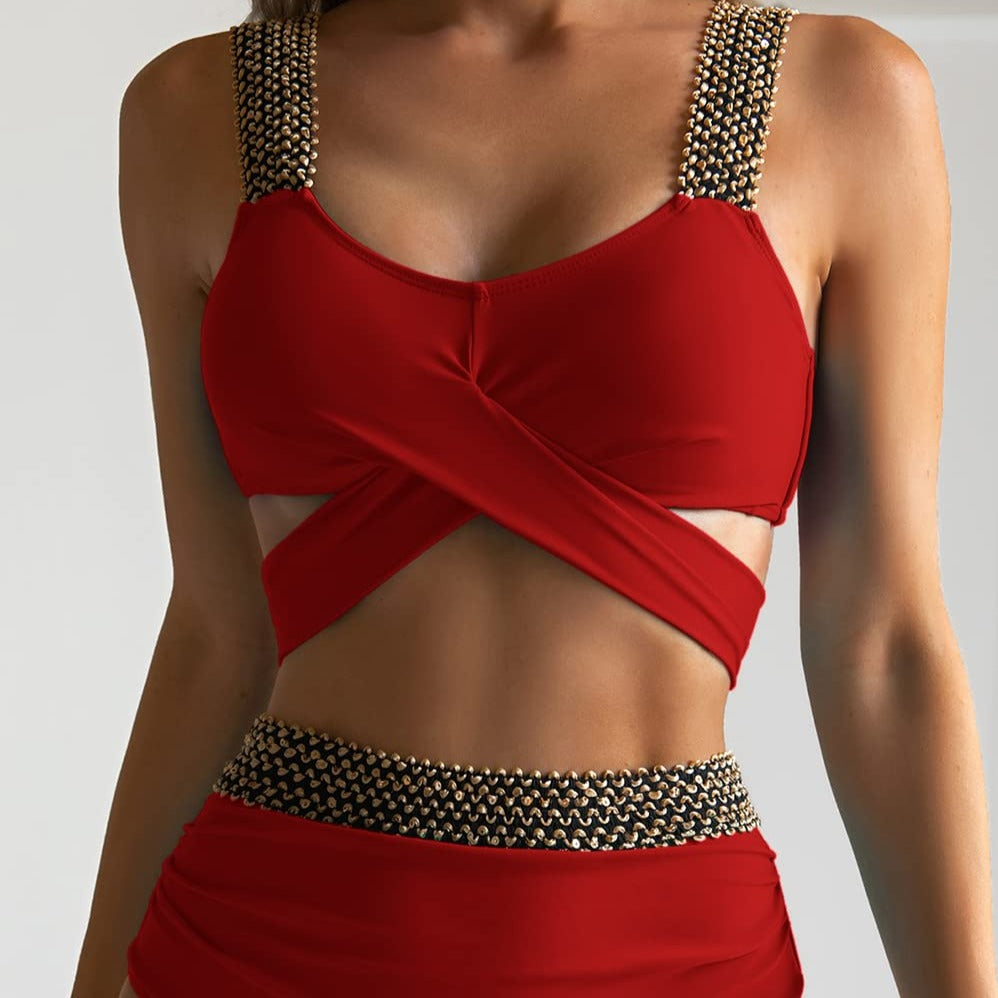 Dwuczęściowy strój kąpielowy bikini z wysokim stanem i wiązaniem Sylvia - Czerwony / S