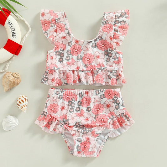 Dwuczęściowy strój kąpielowy w kwiaty dla dziewczynki - Różowy / 80cm