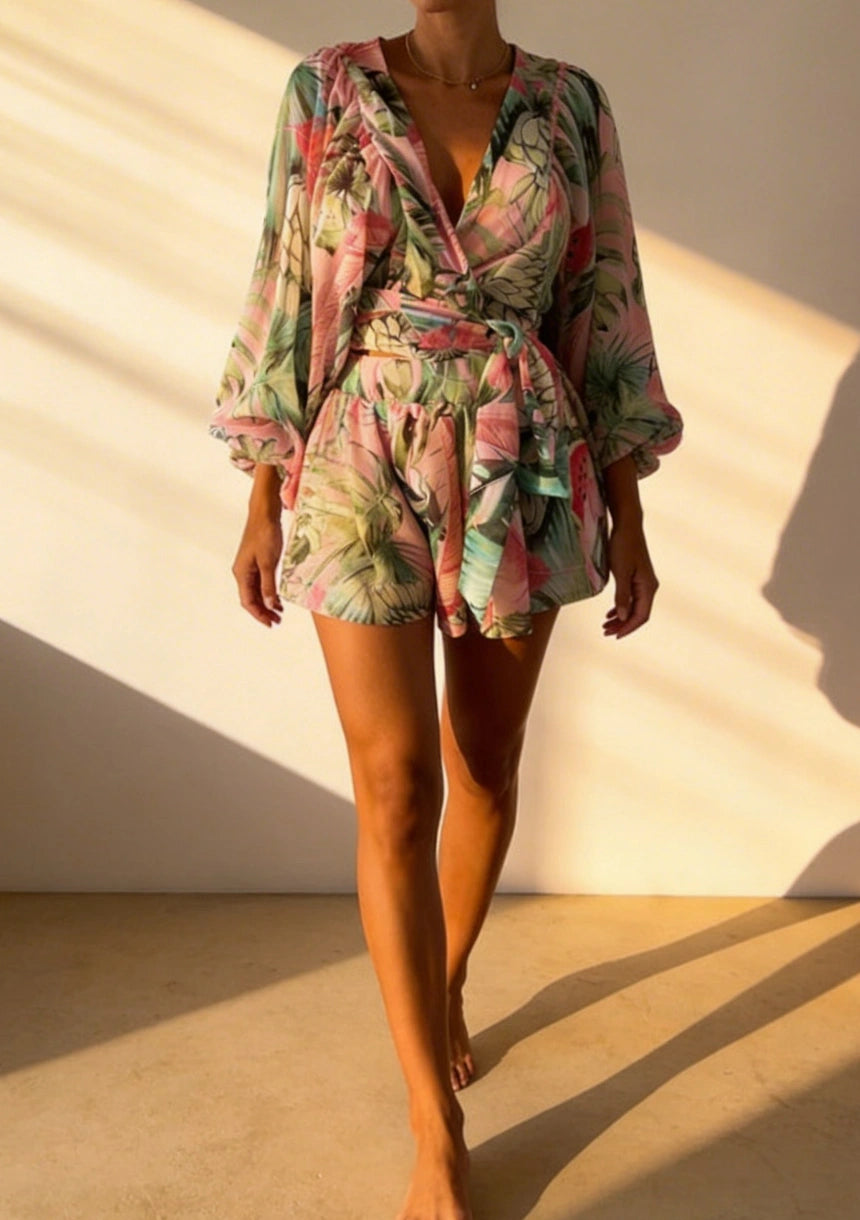 Kopertowy komplet z paskiem i długim rękawem