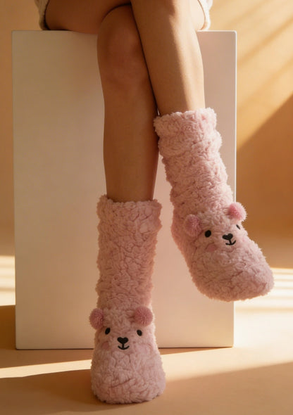 Długie puchate skarpetki damskie z motywem misia