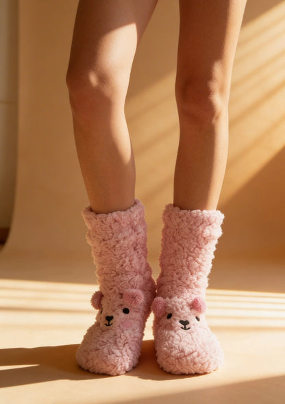 Długie puchate skarpetki damskie z motywem misia