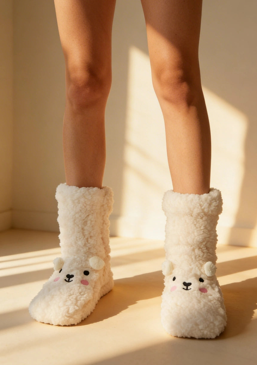 Długie puchate skarpetki damskie z motywem misia