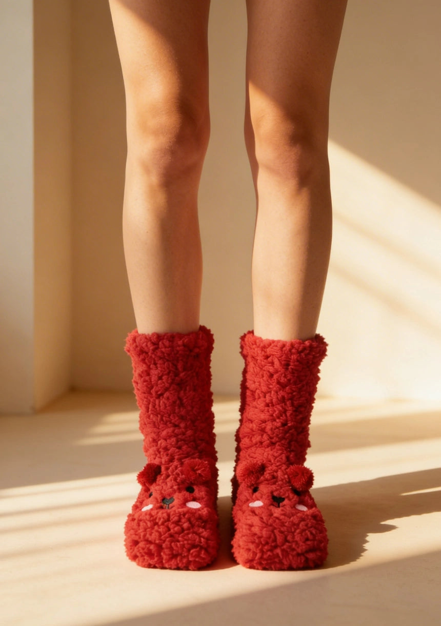 Długie puchate skarpetki damskie z motywem misia