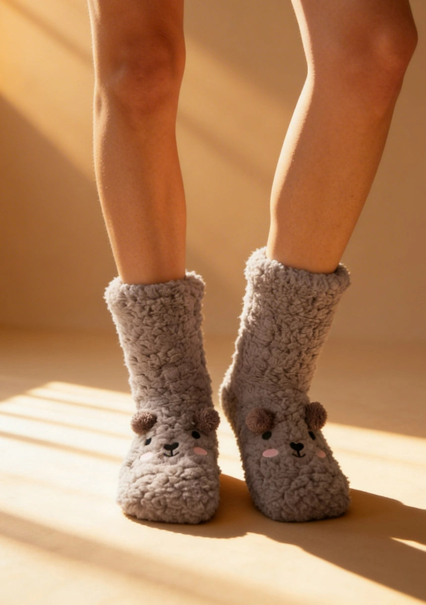 Długie puchate skarpetki damskie z motywem misia