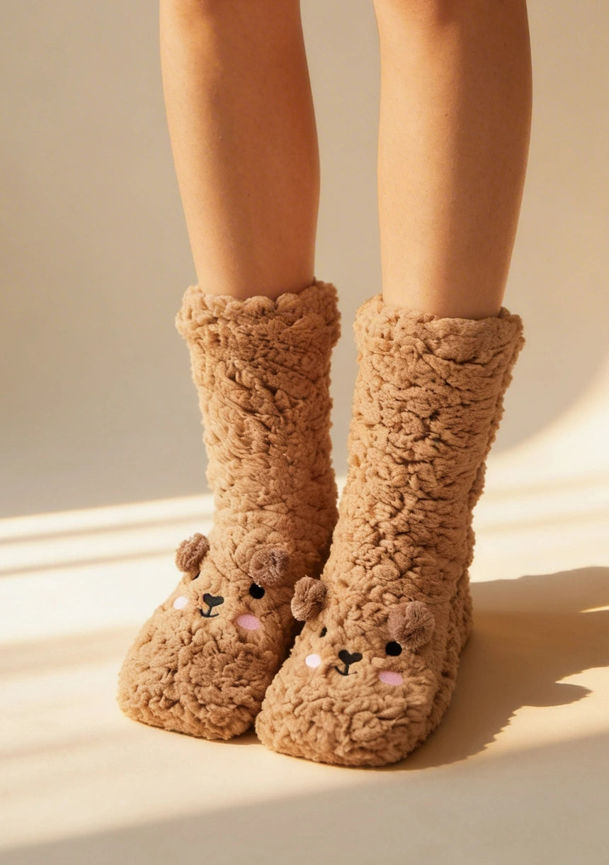 Długie puchate skarpetki damskie z motywem misia