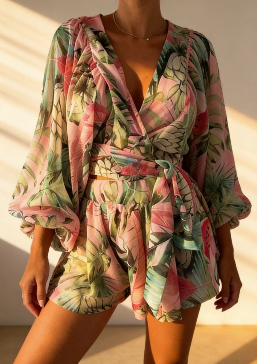 Kopertowy komplet z paskiem i długim rękawem