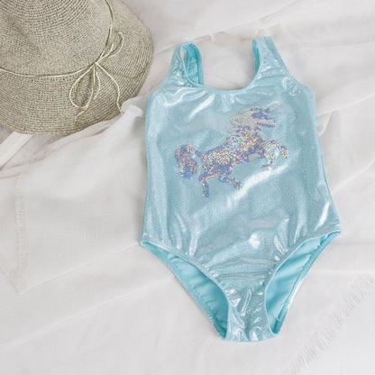Jednoczęściowy błyszczący strój kąpielowy z jednorożcem dla dziewczynki - Niebieski / 100cm