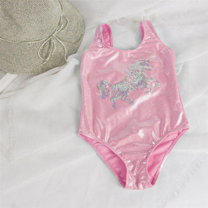 Jednoczęściowy błyszczący strój kąpielowy z jednorożcem dla dziewczynki Tessa - Różowy / 100cm