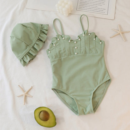 Jednoczęściowy strój kąpielowy z perłami i kapeluszem dla dziewczynki Vada - Zielony / 90cm