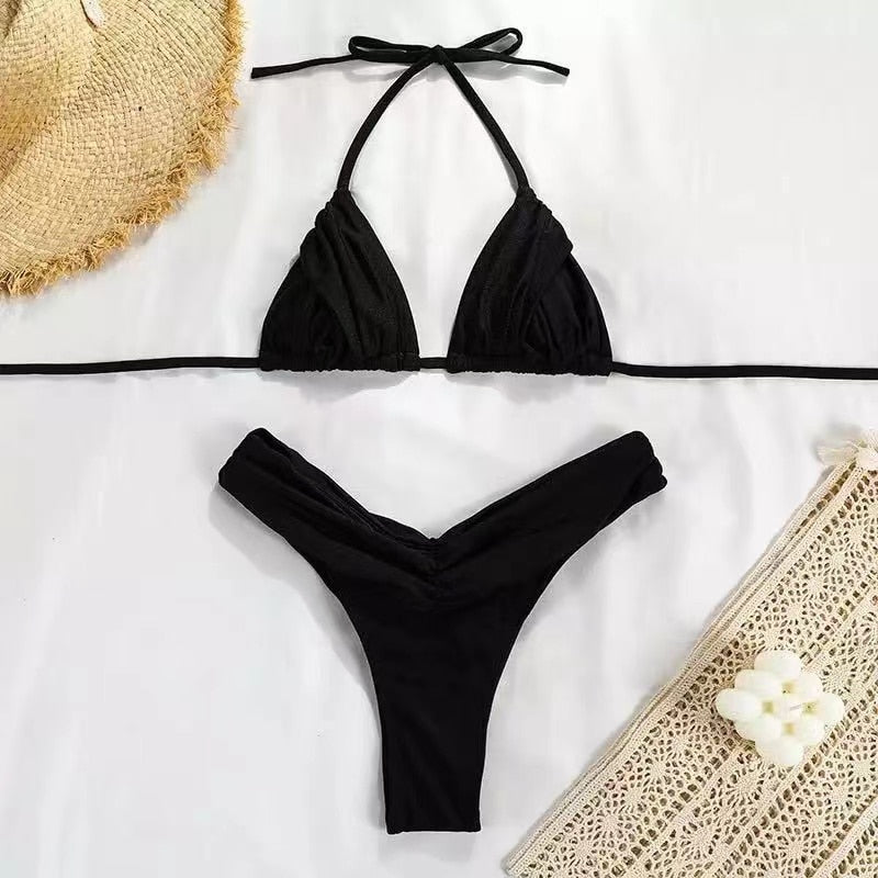 Jednolity dwuczęściowy strój kąpielowy bikini z drapowaniem - Czarny / S