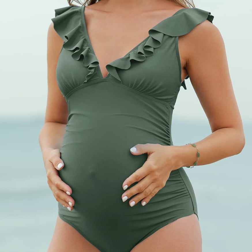 Jednolity strój kąpielowy dla kobiet w ciąży z falbanami Ida - Khaki / S