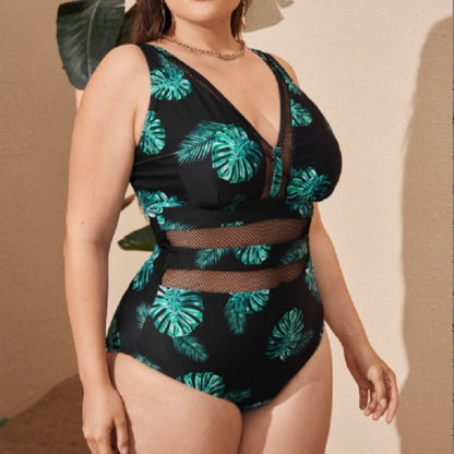 Klasyczny jednoczęściowy strój kąpielowy z siateczką plus size Tiffany - Zielony / L