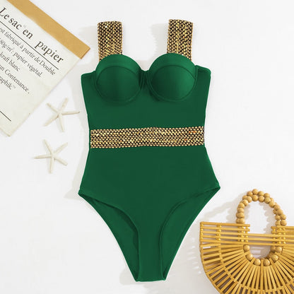 Klasyczny jednoczęściowy strój kąpielowy ze złotym zdobieniem - Zielony / S