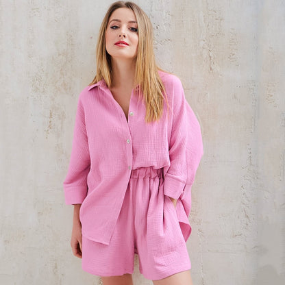 Krótka bawełniana damska piżama z guzikami - Różowy / S